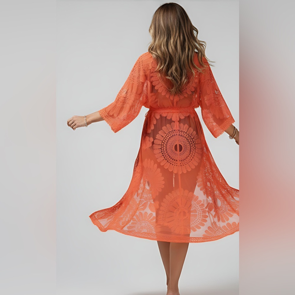 Kimono Cover Up With Cropped Sleeves Coral Orange - Picture 2 of 7